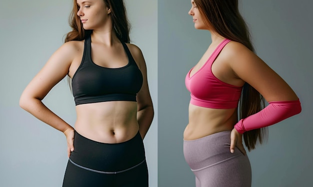 женщина до и после потери веса на сером фоне