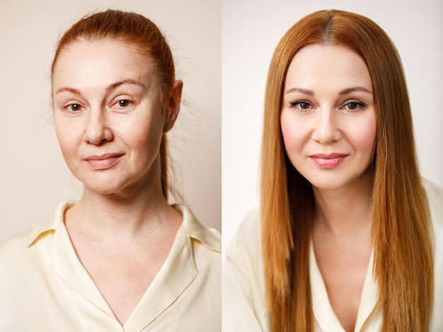 Фото Женщина до и после макияжа концепция красоты трансформации после нанесения макияжа