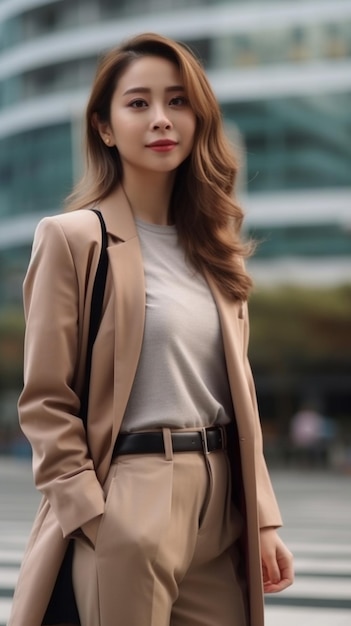 A woman in a beige blazer and a beige blazer stands on a street.