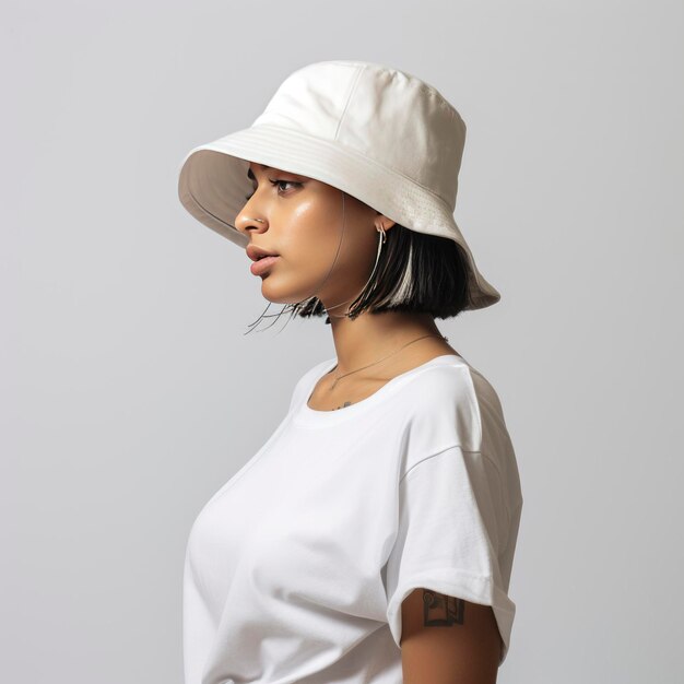 Photo woman in a beige bucket hat generative ai