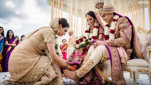 Photo woman in beige indian dress bends to the feet of wedding couple