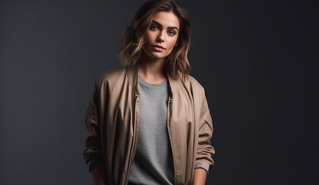 A woman in a beige jacket stands in front of a grey wall.