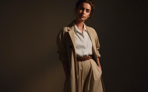 A woman in a beige trench coat stands in a dark room.