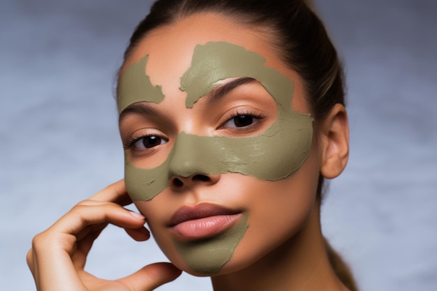 Woman in beige with a green tea face mask