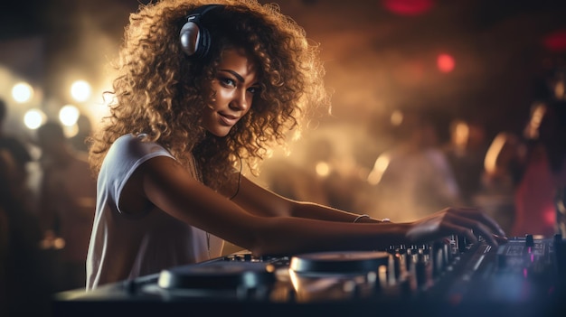 Woman being DJ at party front view