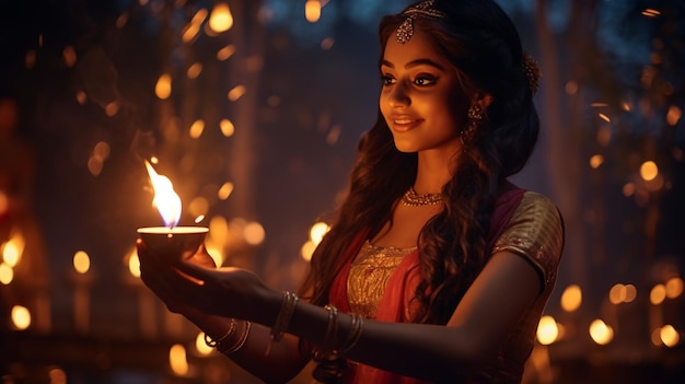 Woman in Belly Dance Outfit Holding Two Cups Diwali