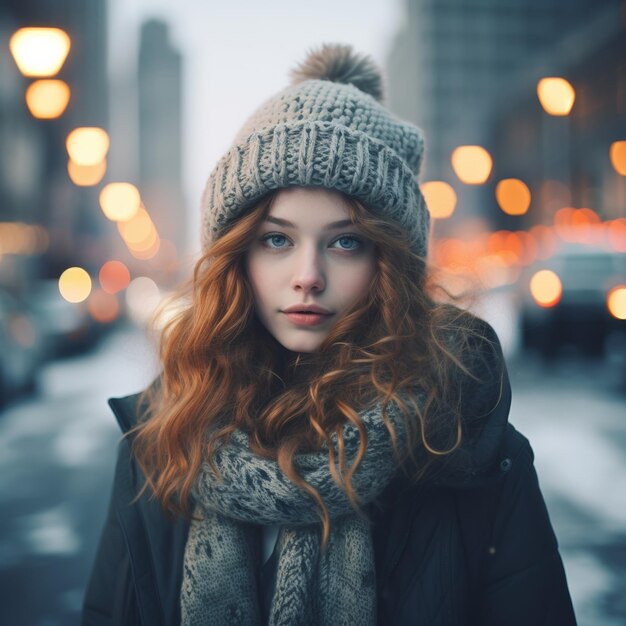 Woman in a big city during winter