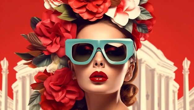 woman big glasses flower background pattern