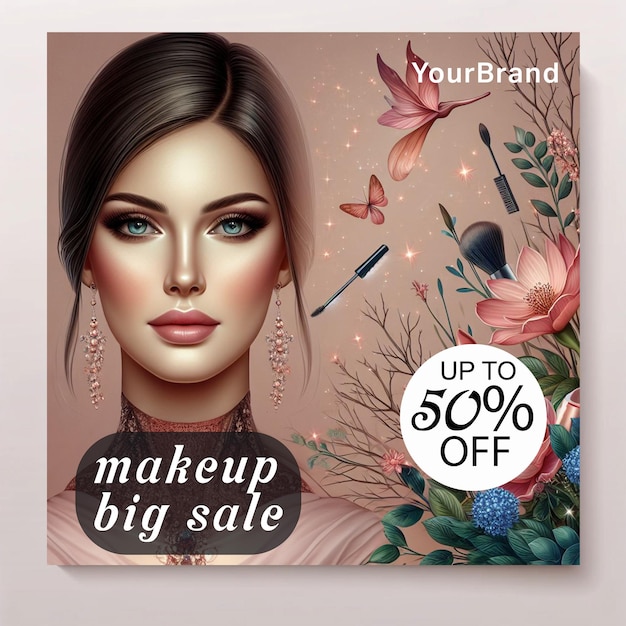 Photo a woman big sale beauty center makeup salon banner and post for social media template design