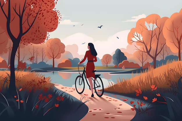 A woman on a bike in a park with trees and birds in the background.