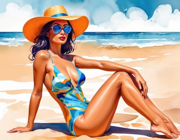 Foto donna in bikini sulla spiaggia illustrazione colorata ai generativa