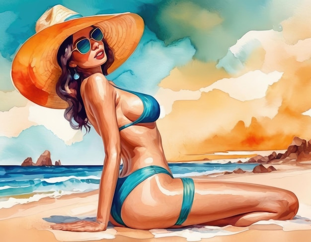 woman in bikini on the beach colorful illustration ai generative