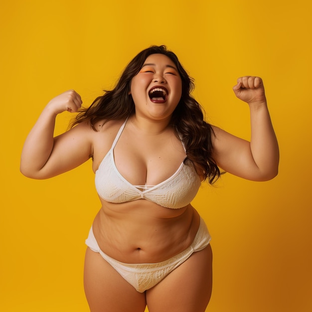 a woman in a bikini is celebrating her victory