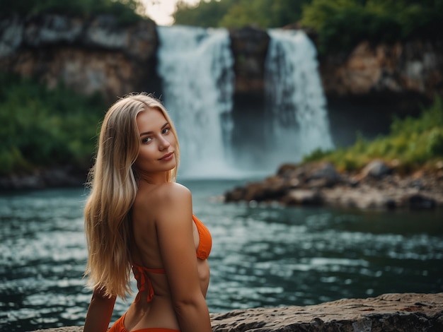 a woman in a bikini is sitting by a waterfall