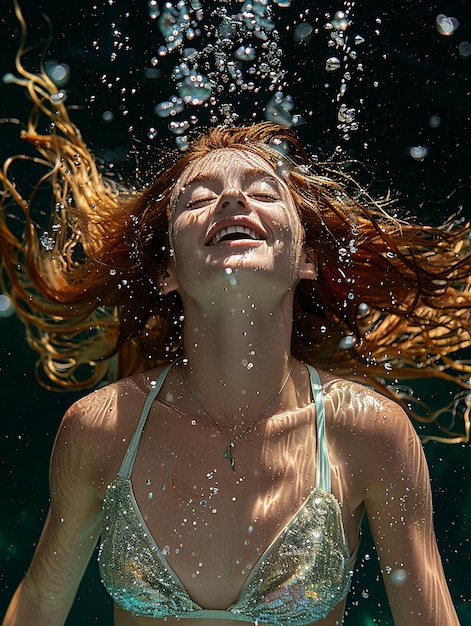 a woman in a bikini is swimming underwater and smiling