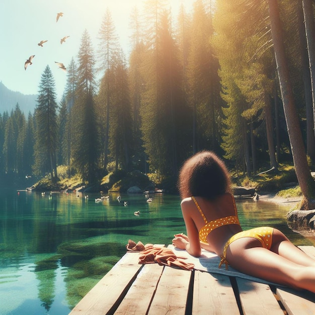 Photo woman in bikini at the lake ai generate