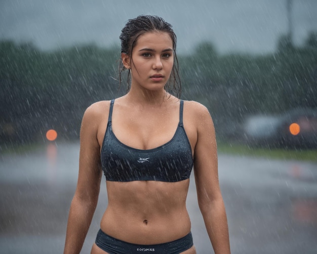 A woman in a bikini standing in the rain