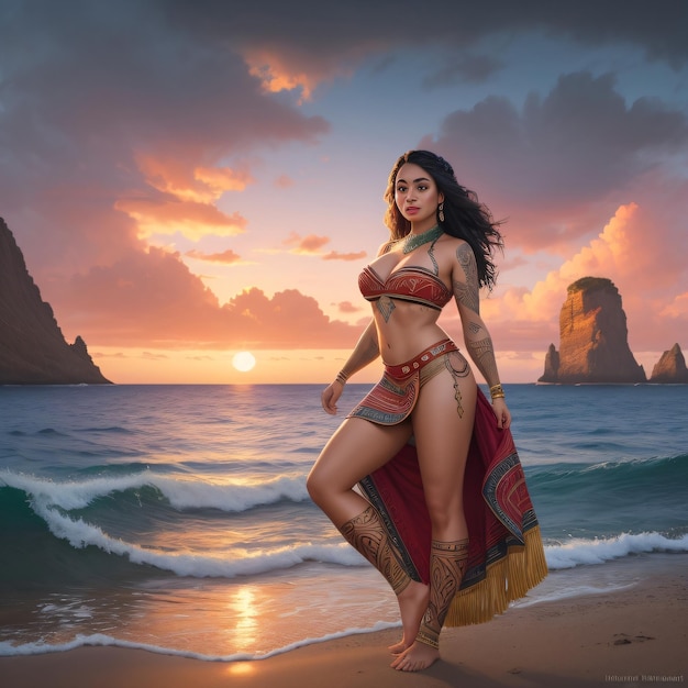 A woman in a bikini stands on a beach with the sun setting behind her.