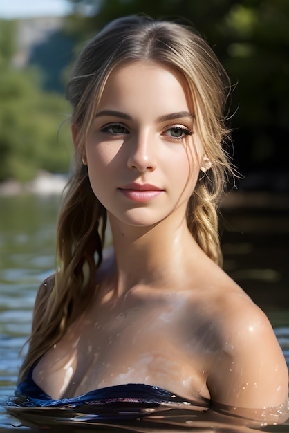 A woman in a bikini stands in a lake