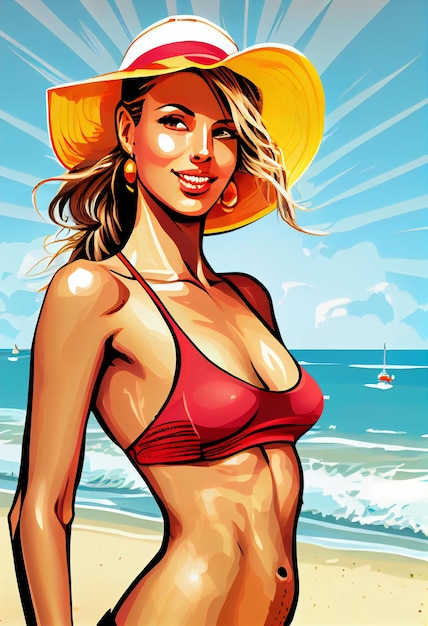 Photo a woman in a bikini with a hat on and a hat on.