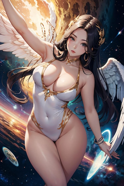 a woman in a bikini with wings and a sword in her hand in front of a planet with stars and a moon in