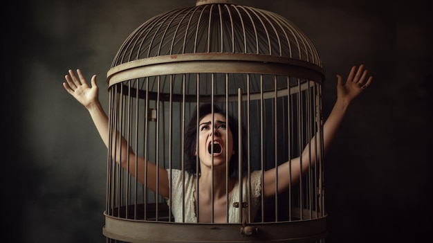 A woman in a bird cage with her head up and her mouth open.