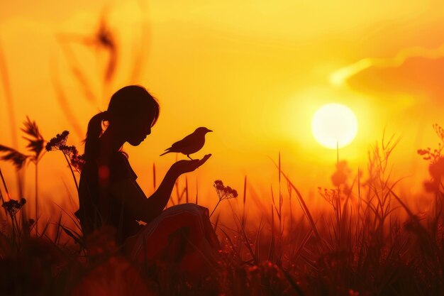 Photo woman and bird finding hope in nature at sunset