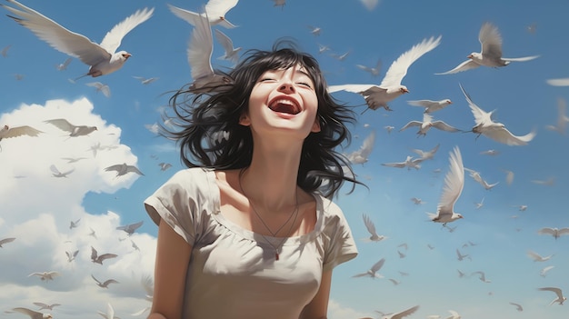 写真 女性の鳥の口の範囲 エクスタティックな顔の表情 景色の喜び 人生の笑顔 天の歌のファン