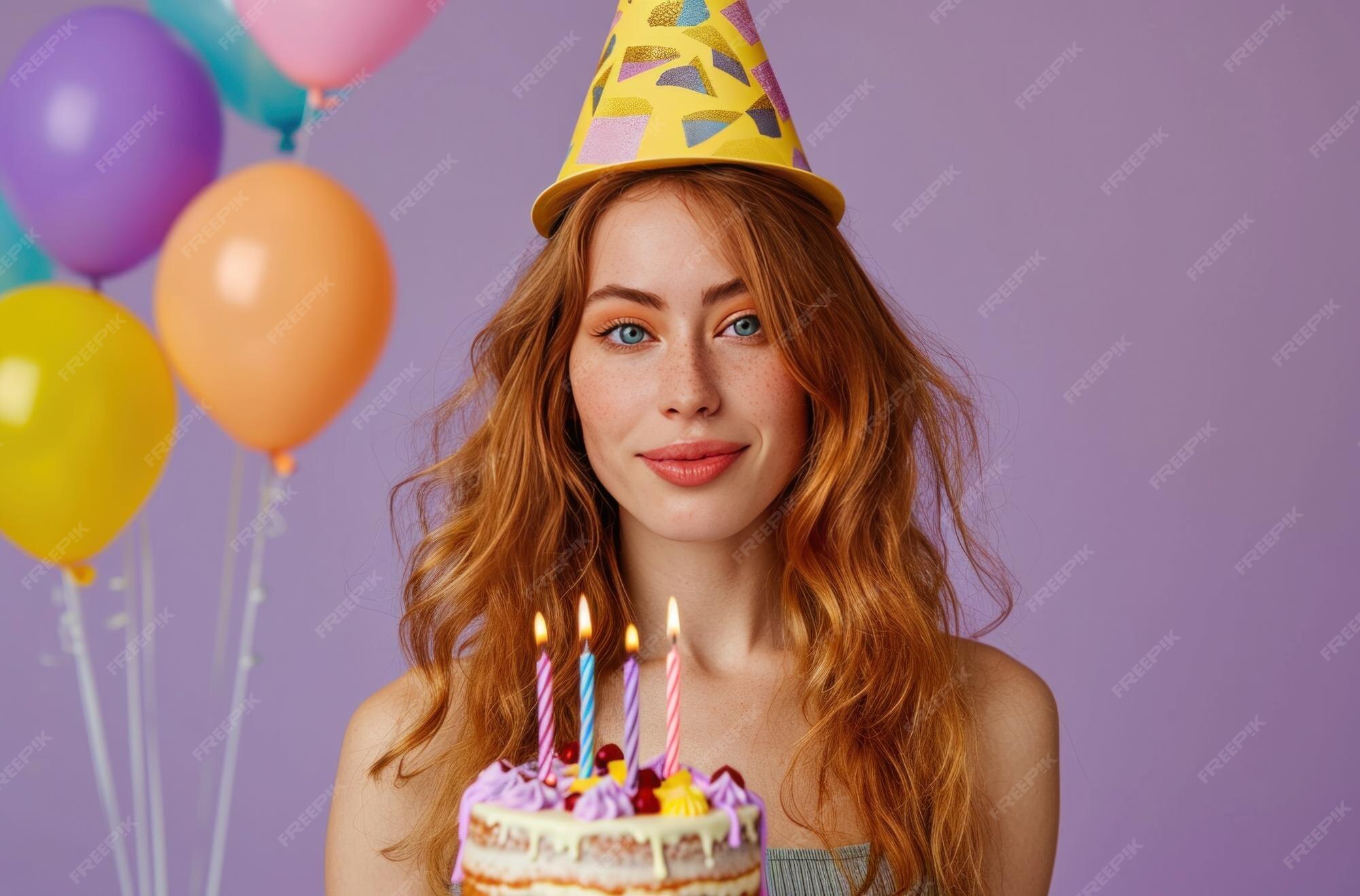 Premium Photo Woman in birthday hat holding birthday cake