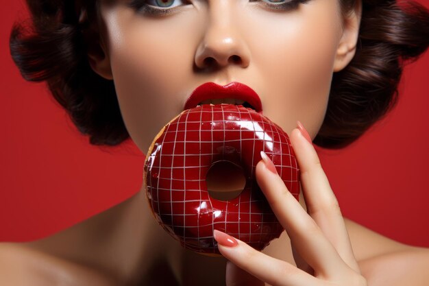 woman biting a chocolate donut