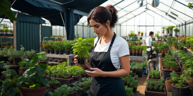 Woman in a black apron working in a greenhouse