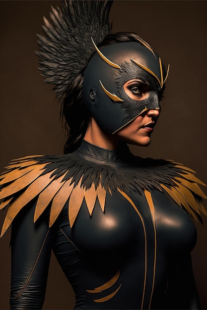 A woman in a black bird costume with a feathered headdress.