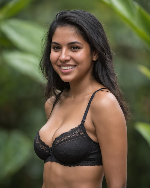 A woman in a black bra and panties smiling