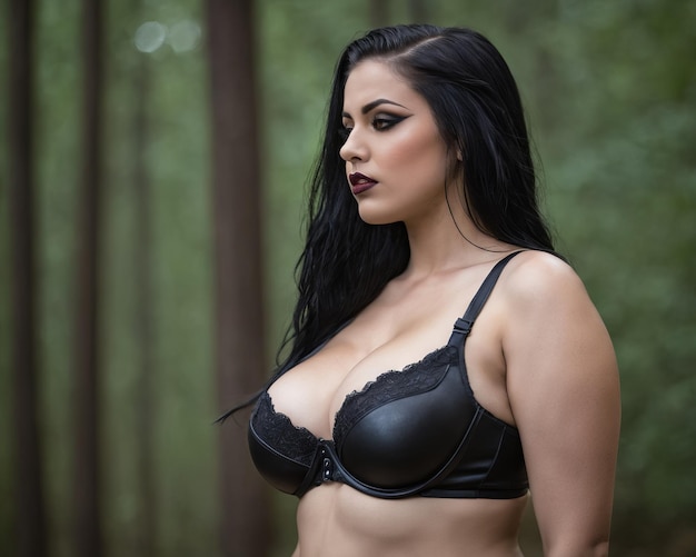 A woman in a black bra and panties standing in the woods