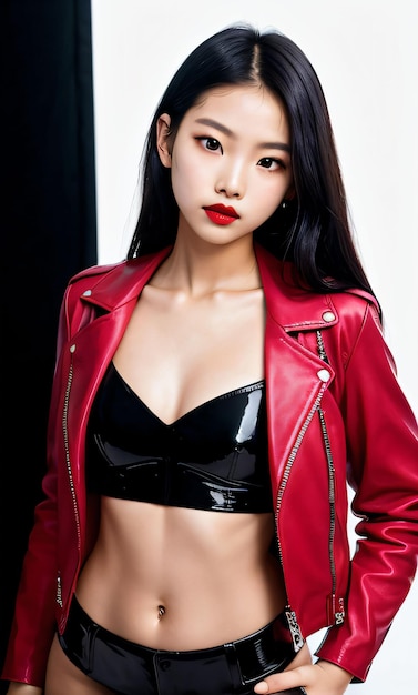 a woman in a black bra top and red jacket