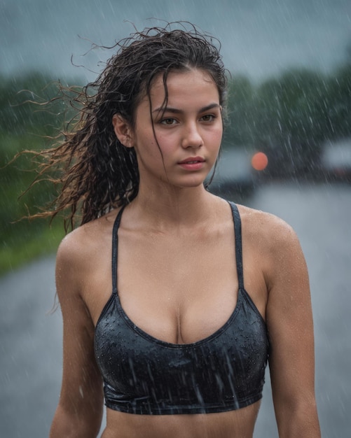 雨の中佇む黒いブラトップの女性