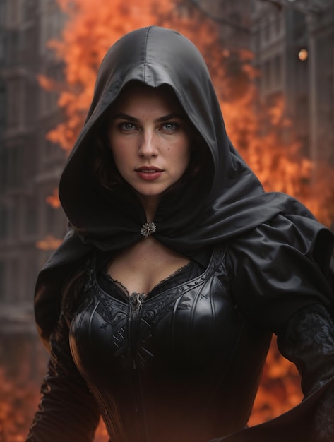 Photo a woman in a black cape is standing in front of a fire