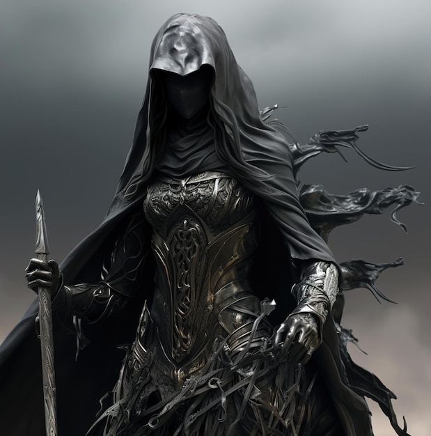 a woman in a black cape stands in front of a knight.