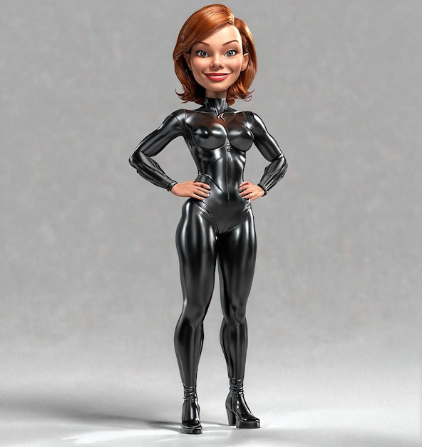 a woman in a black catsuit suit