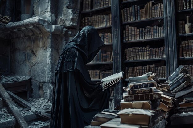 Foto una donna con un mantello nero sta leggendo un libro