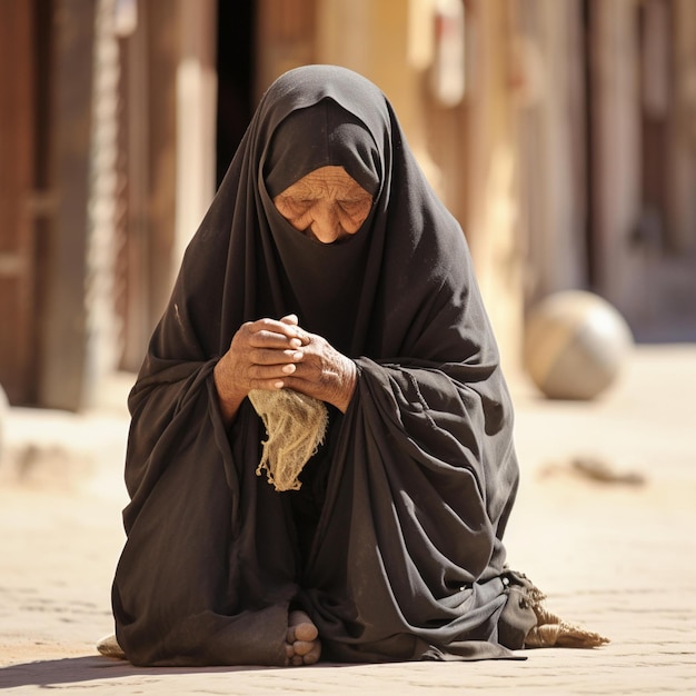 Woman In Black Cloth Sitting On The Ground With A Piece Of Cloth