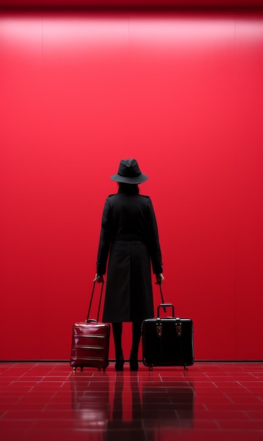 A woman in a black coat and hat with luggage