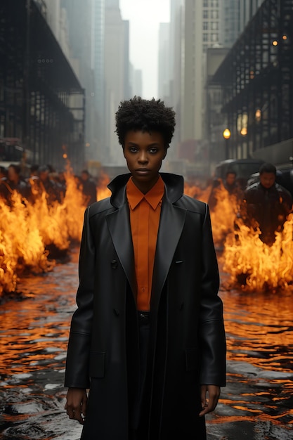 a woman in a black coat standing in front of a fire