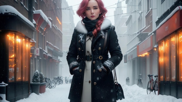 A woman in a black coat stands in the snow in front of a snowy building.