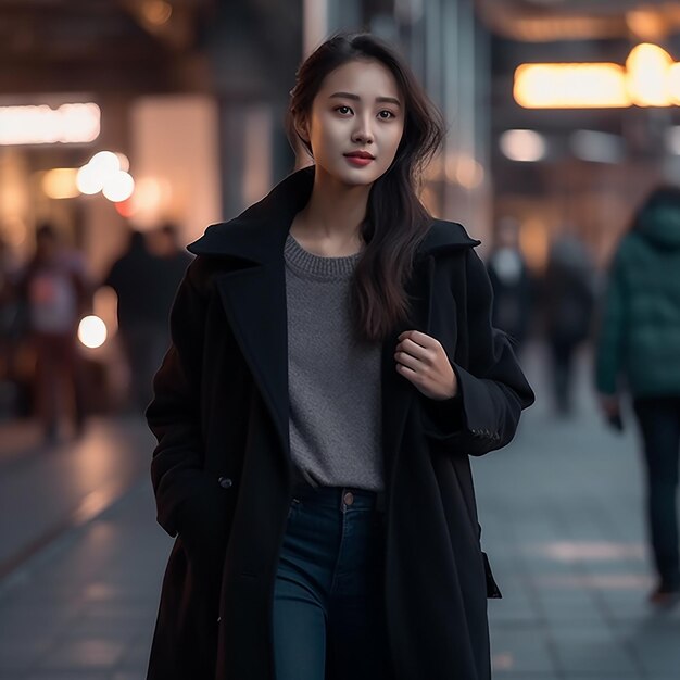 a woman in a black coat walks down a street.