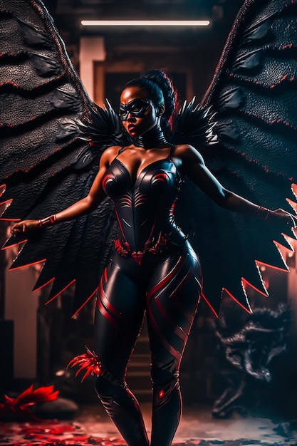 A woman in a black costume with wings and red and black wings.