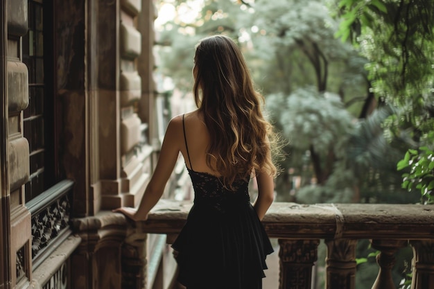 Woman in Black Dress on Balcony