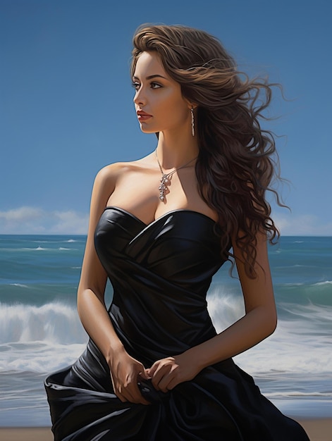 A woman in a black dress by the sea