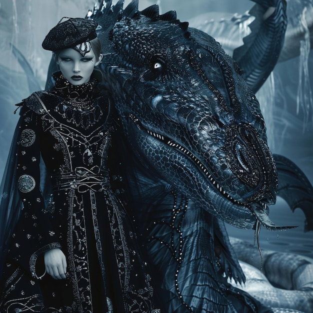 a woman in a black dress and a dragon with a dragon on the back