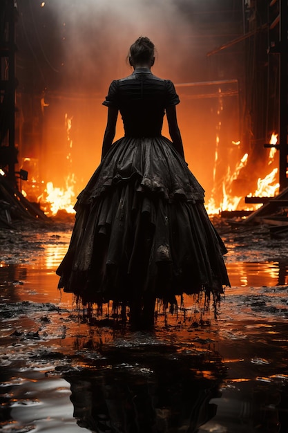 a woman in a black dress in front of a fire